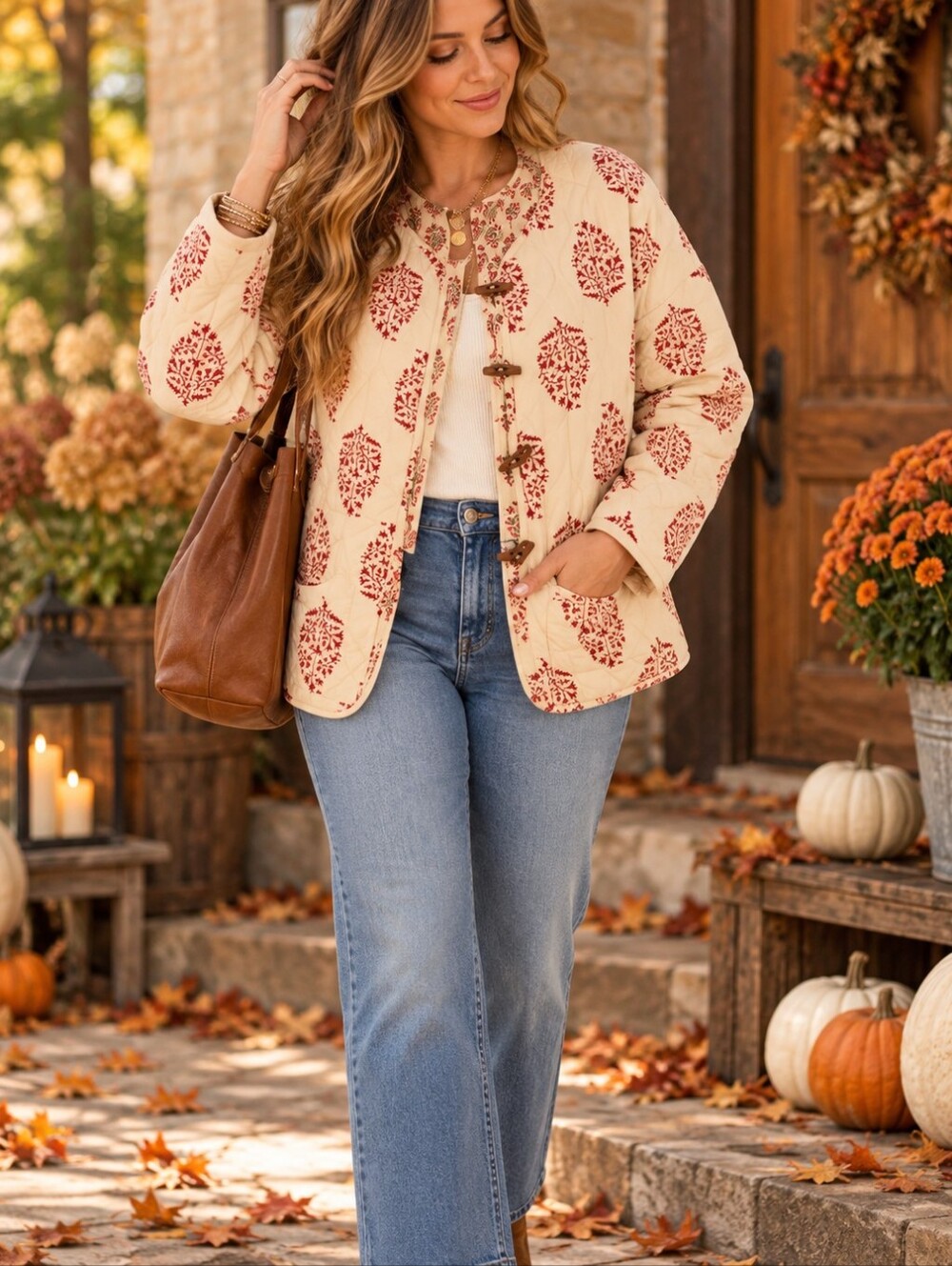 Sonmer Boho Floral Quilted Toggle Jacket Cream Burgundy NWT M